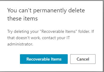 Have <b>you</b> tried right-clicking <b>Deleted</b> <b>Items</b> and selecting Empty <b>folder</b>? Are <b>you</b> able to Filter and sort the <b>Deleted</b> <b>Items</b> by size and <b>delete</b> only a few of <b>your</b> largest emails? Then return to <b>Recoverable</b> <b>Items</b> to empty. . You can t permanently delete these items try deleting your recoverable items folder